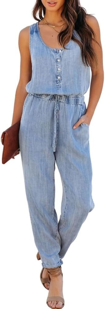 Women's Denim Scoop Neck Sleeveless Drawstring Waist Jumpsuits Overall Rompers | Amazon (US)