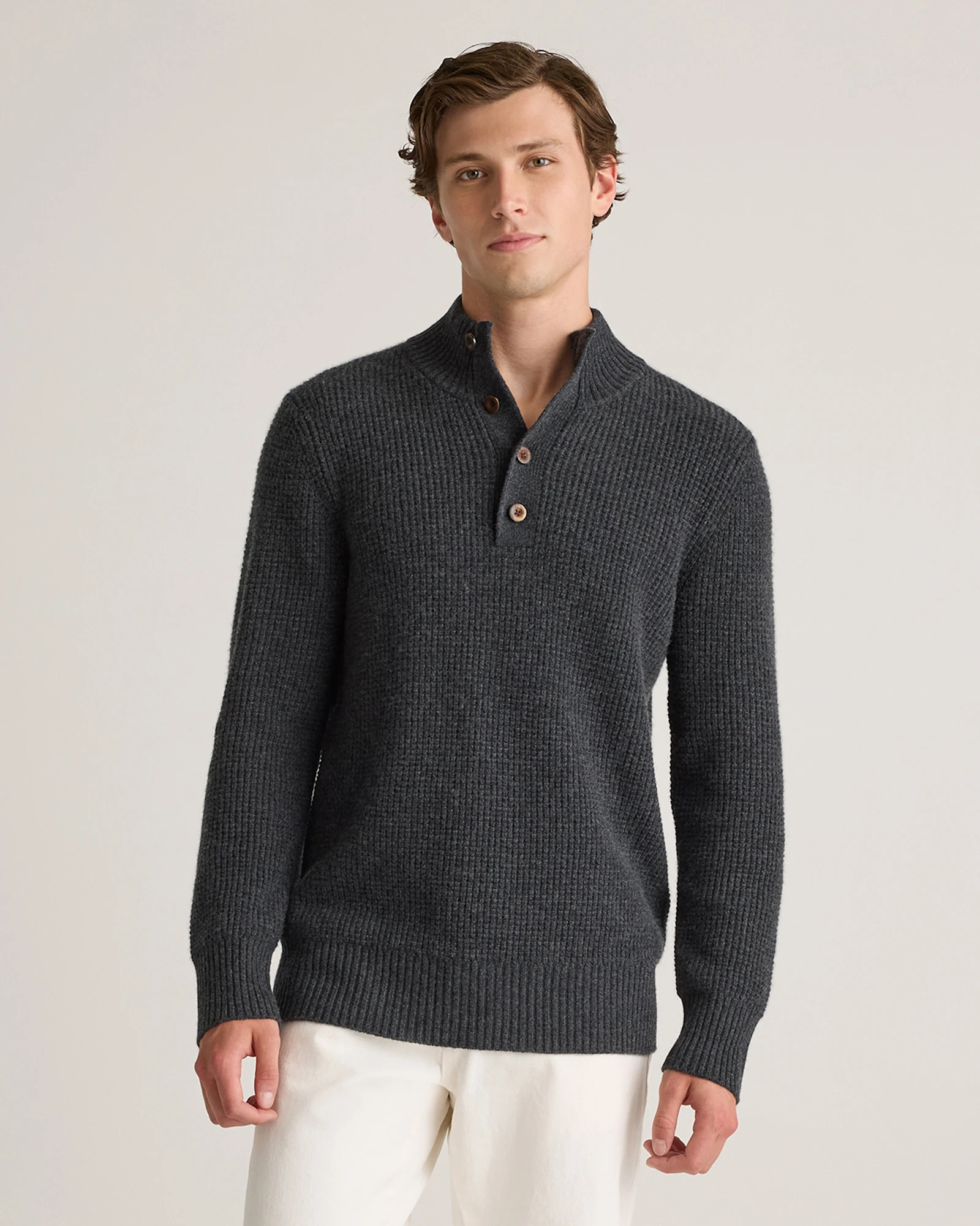Quince | Men's Mongolian Cashmere Waffle Quarter Button Sweater in Heather Charcoal, Size XXL | Quince