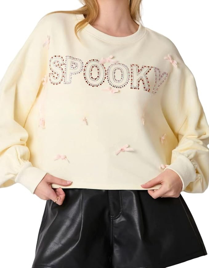 Women Halloween Sequin Sweatshirts Spooky Season Sequin Letter Crop Shirts Vintage Oversized Crew... | Amazon (US)