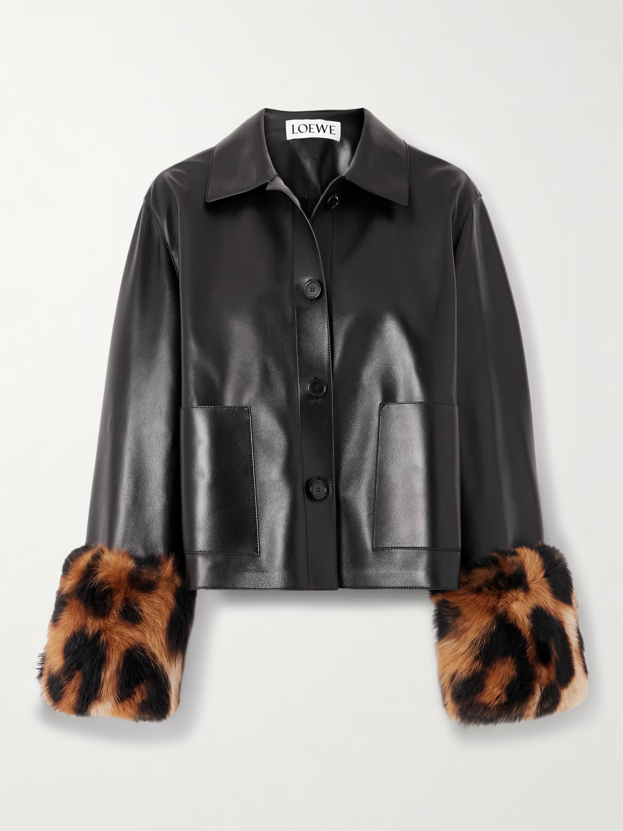 LOEWE - Leopard-print Shearling-trimmed Glossed-leather Jacket - Black | NET-A-PORTER (US)
