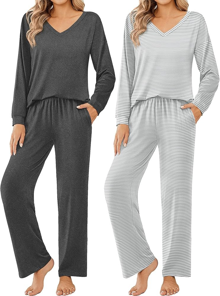 Ekouaer Womens 2 Pack Pajama Sets Long Sleeve Pajamas Top and Pants V Neck Soft Pjs Set Loungewea... | Amazon (US)