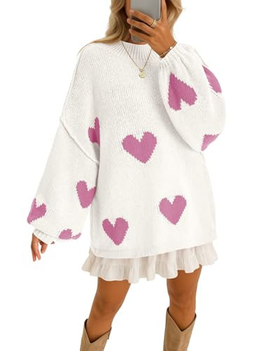 Saodimallsu Womens Oversized Heart Sweater Valentines Cute Mock Neck Chunky Knit Long Sleeve Tunic Sweaters | Amazon (US)