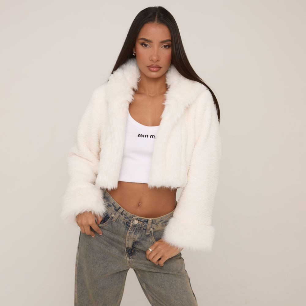 Hooded Cropped Coat In White Faux Fur | EGO Shoes (US & Canada)
