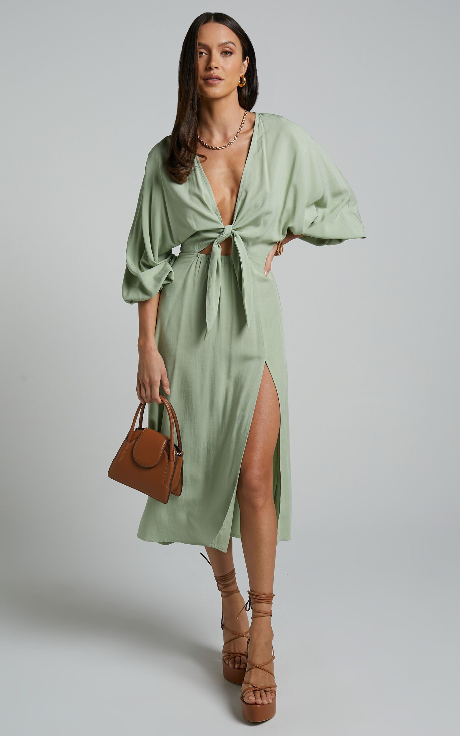 Tyricia Midi Dress - Long Sleeve Tie Front Cut Out Dress in Sage | Showpo (US, UK & Europe)
