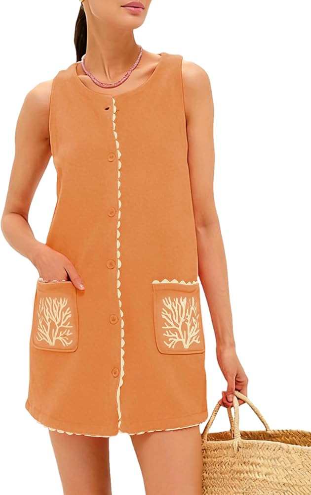 Sleeveless Mini Dress for Women Faux Suede Soft Cover Up with Button Front Summer Casual Embroide... | Amazon (US)