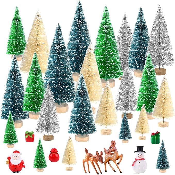 KUUQA 29 Pcs Mini Bottle Brush Trees Sisal Snow Frost Trees with Miniature Figures Snowman, Reind... | Amazon (US)