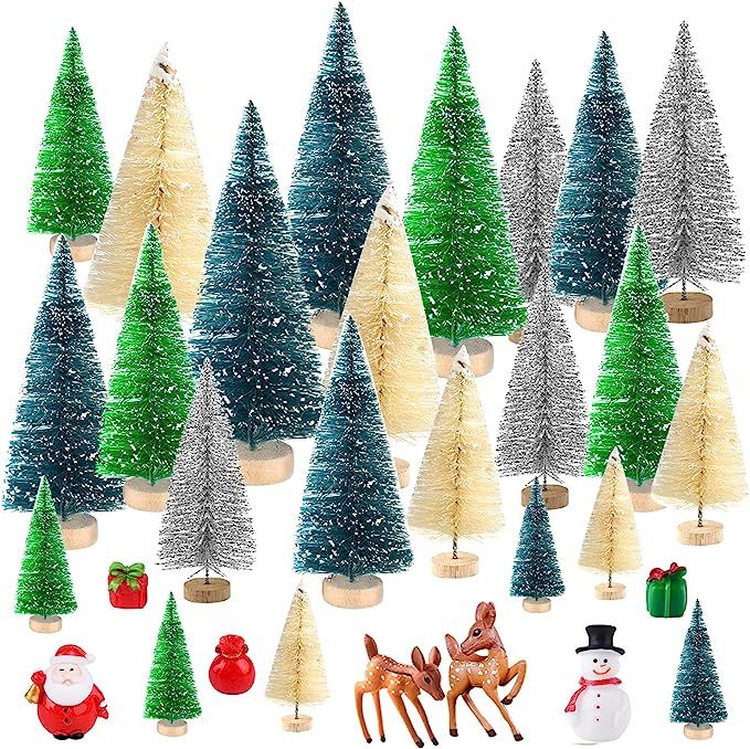 KUUQA 29 Pcs Mini Bottle Brush Trees Sisal Snow Frost Trees with Miniature Figures Snowman, Reind... | Amazon (US)