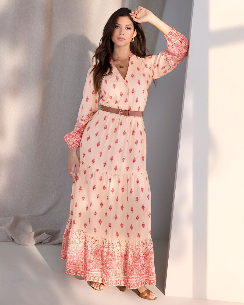 Printed Long Sleeve Tiered Maxi Dress | Cotton Traders (UK)