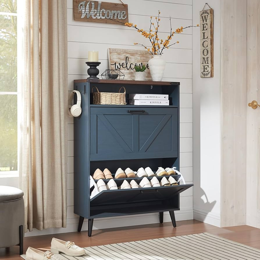 Barnyatoh Shoe Storage Cabinet,Farmhouse Shoe Organizer with 2 Flip Drawers & Barn Door Design,Fr... | Amazon (US)
