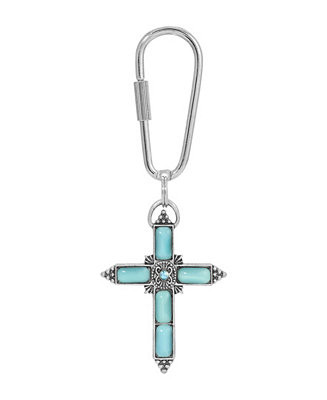 Symbols of Faith Silver-Tone Aqua Moonstone Aqua Crystal Cross Key Chain - Macy's | Macy's