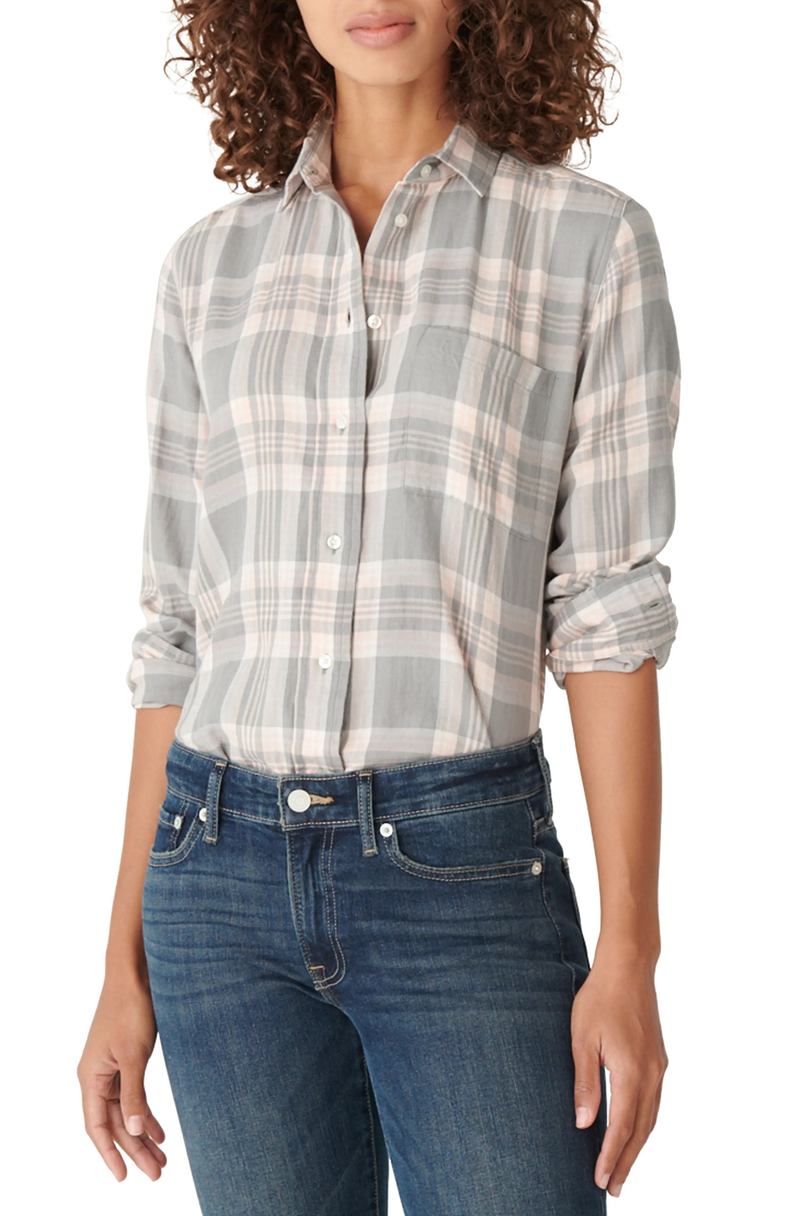 Women's Lucky Brand Relaxed Plaid Flannel Shirt, Size Medium - Grey | Nordstrom