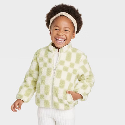 Toddler Girls' Checkered Fleece Zip-Up Jacket - Cat & Jack™ Green | Target