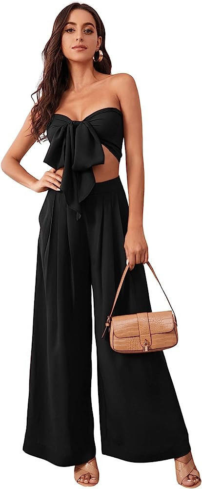 SweatyRocks Black 2 Piece Sexy Outfits Bandeau Tie Front Crop Top Wide Leg Pant Set Pants Outfit | Amazon (US)