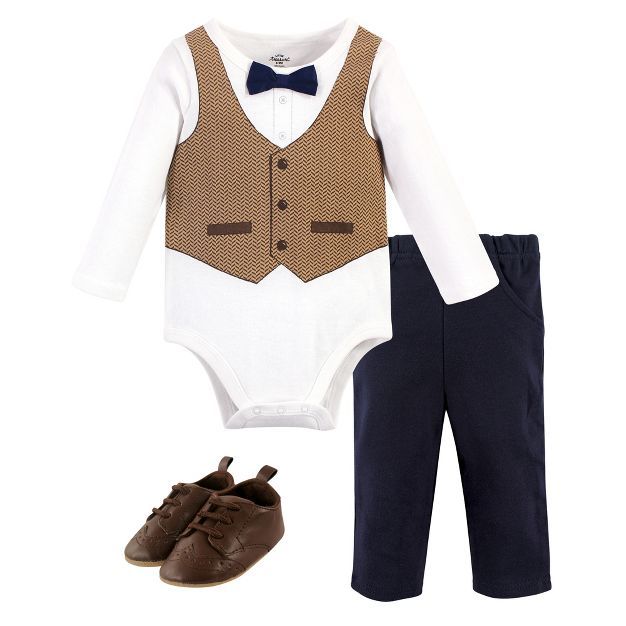 Little Treasure Baby Boy Cotton Bodysuit, Pant and Shoe 3pc Set, Herringbone Vest | Target