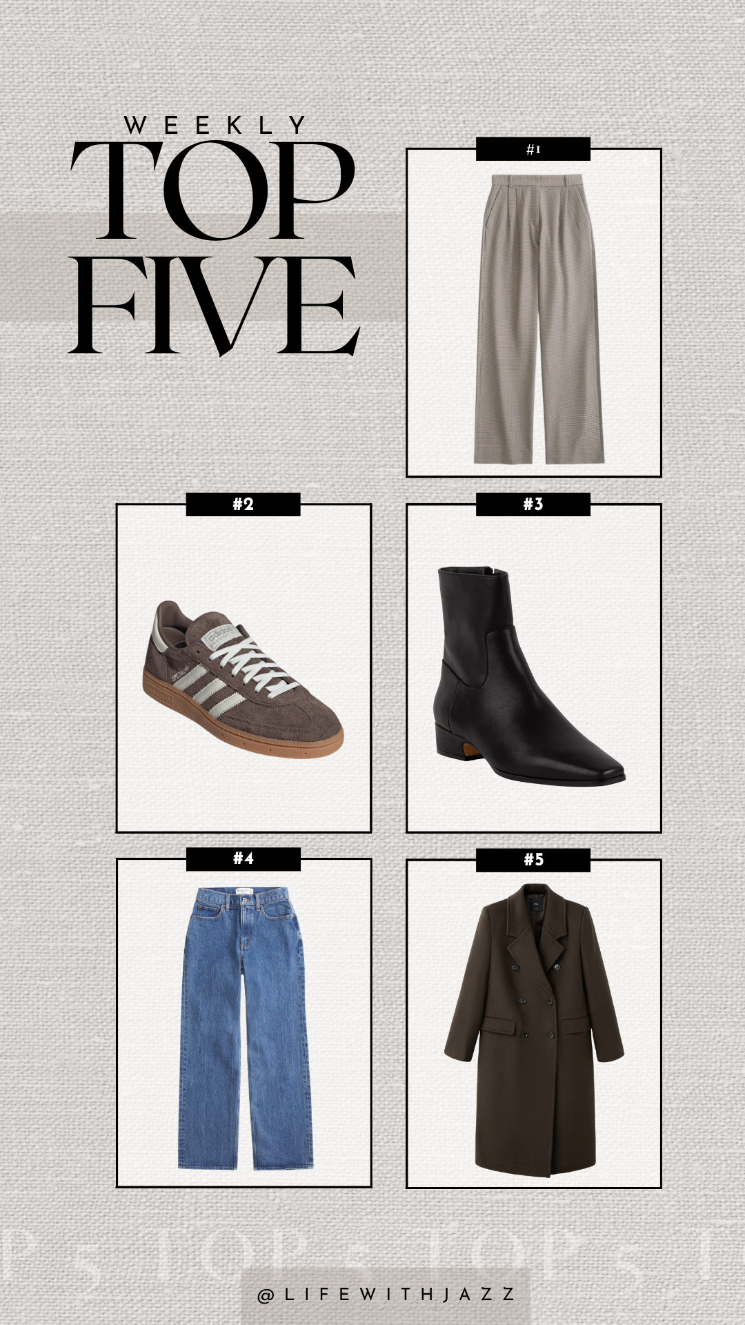 this week's bestsellers: 

1. Abercrombie sloane tailored pants -- available in several colors & inseams
2. Adidas handball spezial sneakers -- lightweight + have some arch support
3. Steve Madden dusty booties -- the best low-heeled boots for everyday wear 
4. Abercrombie relaxed 90's high-rise jeans 
5. MANGO tailored coat  

 #LTKSeasonal #LTKFindsUnder100