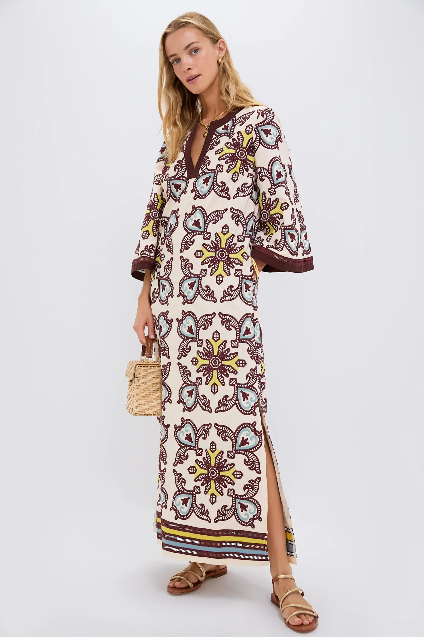 Citron and Slate Blue Embroidered Lorena Caftan | Tuckernuck (US)