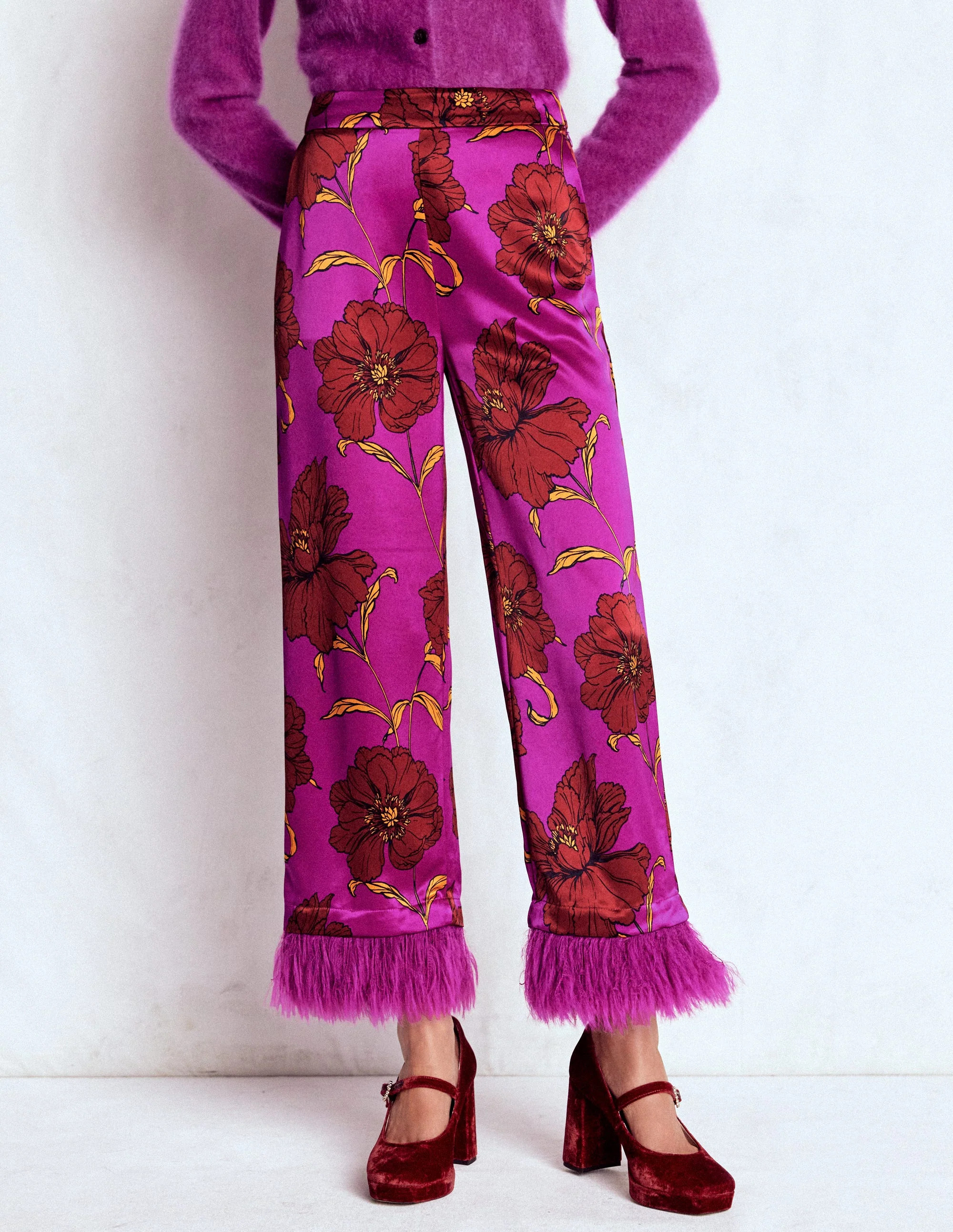 Faux Feather Trim Pants-Regal Purple, Peony Bloom | Boden (US)