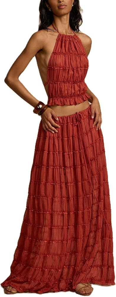 Womens 2 Piece Maxi Skirt Set Lace Up Sleeveless Tank Top and Flowy Long Skirt 2024 Summer Beach ... | Amazon (US)