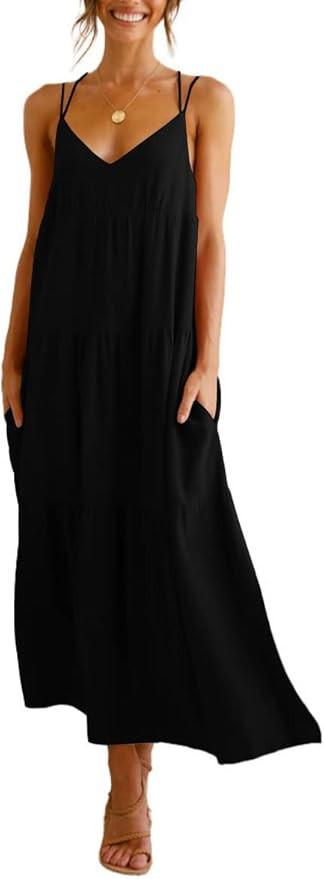 Febriajuce Women’s Summer Maxi Dress Casaul Spaghetti Straps Solid V-Neck Backless Cami Dresses... | Amazon (US)
