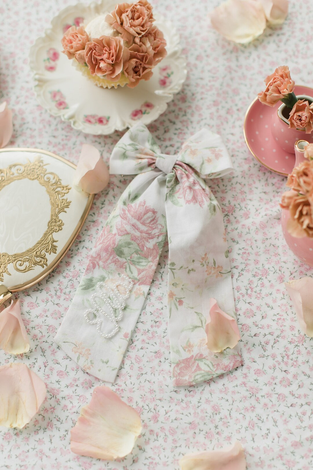 Rosalie Floral Cotton Bow With Beaded Name Pearl Heirloom Bow - Etsy | Etsy (US)
