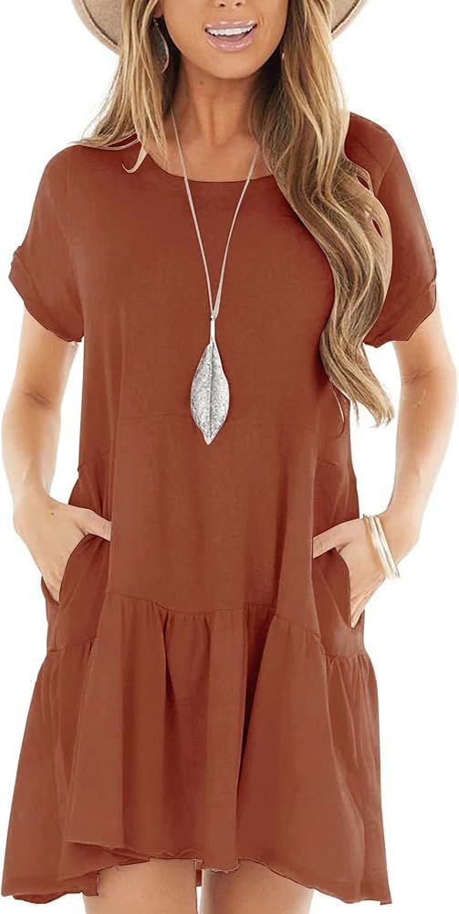 Minclouse Women's Short Sleeve Flowy Swing T Shirt Dress Baby Doll Cute Casual Pockets Dresses | Amazon (US)