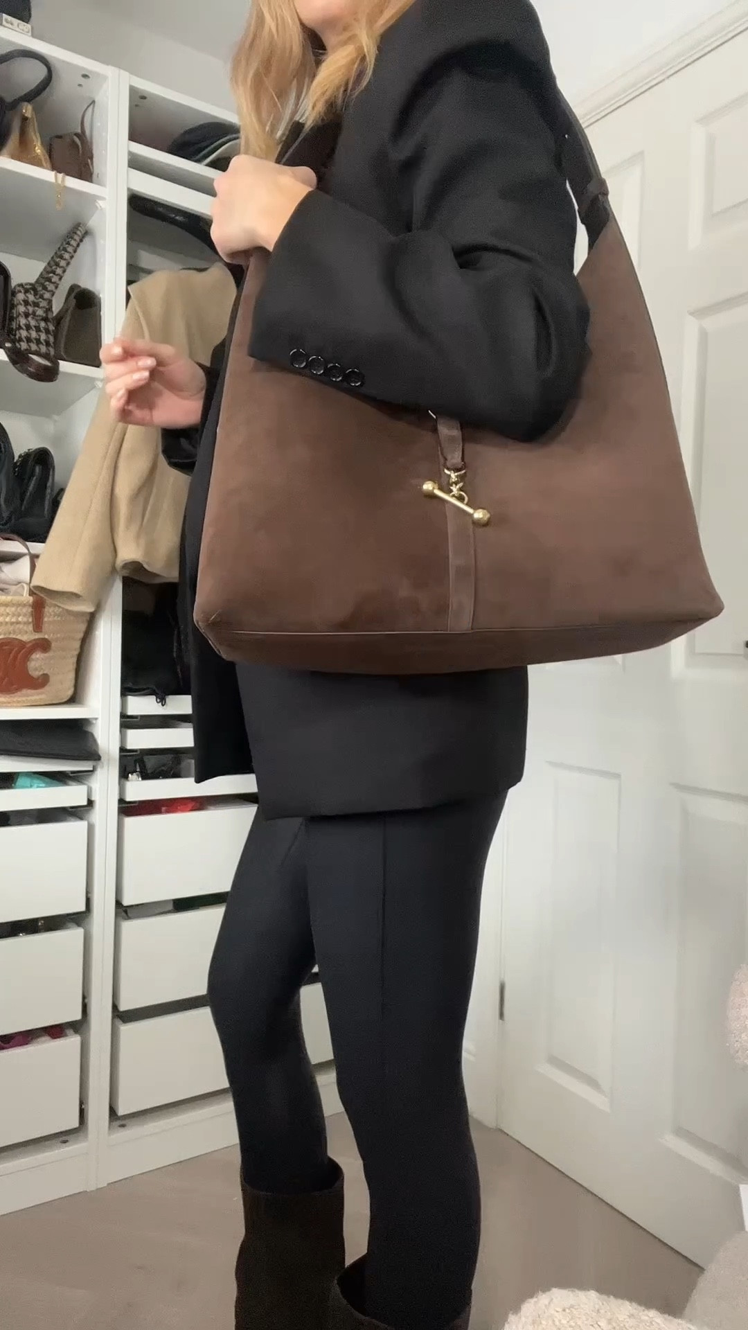 Strathberry bag, oversized bag, suede bag, wet look leggings, suede boots 

#LTKbag #LTKuk #LTKeurope