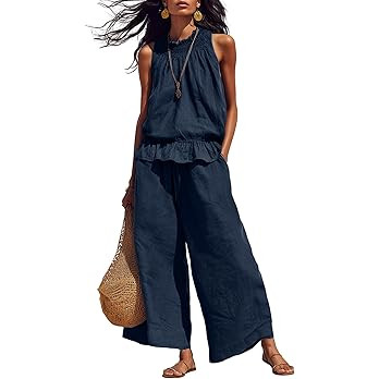 Tanming Women's Linen 2 Piece Outfits Sleeveless Ruffle Top Wide Leg Pants Summer Loungewear Beac... | Amazon (US)