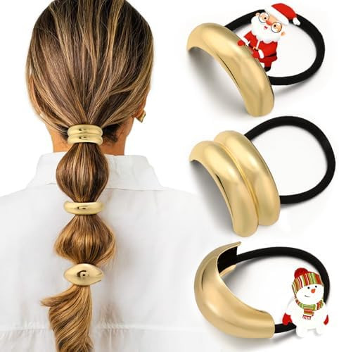 3PCS Gold Hair Ties, Metal Hair Ties for Thick Hair, Elegant Durable Geometric Design, Gold Hair ... | Amazon (US)