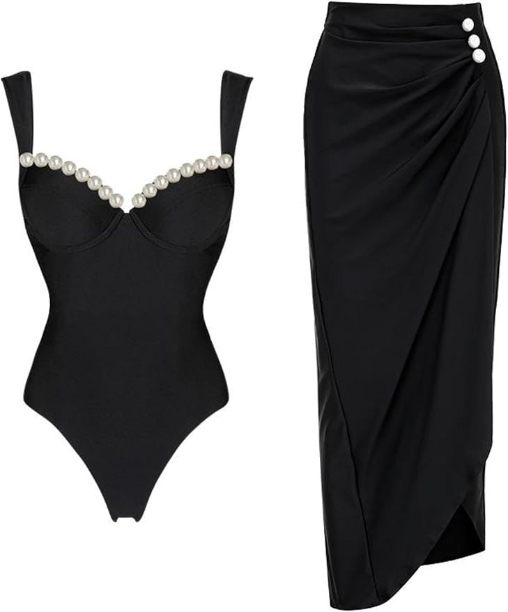 FLAXMAKER Black Double Shoulder Straps Chest Pearl One Piece Swimsuit and Skirt | Amazon (US)