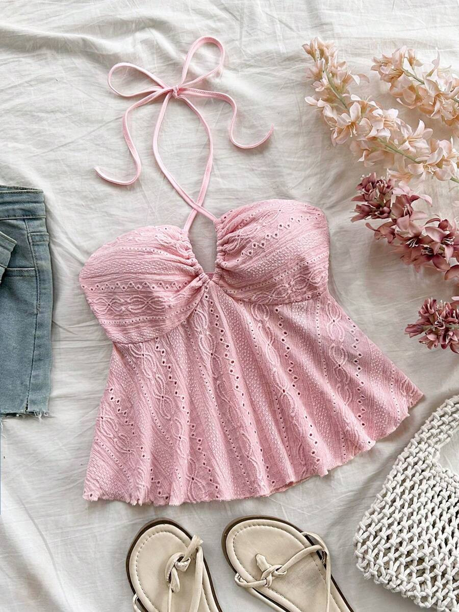 SHEIN WYWH WYWH Women's Vacation Texture Greyish-Blue V-Neck Halterneck Casual Tank Top | SHEIN