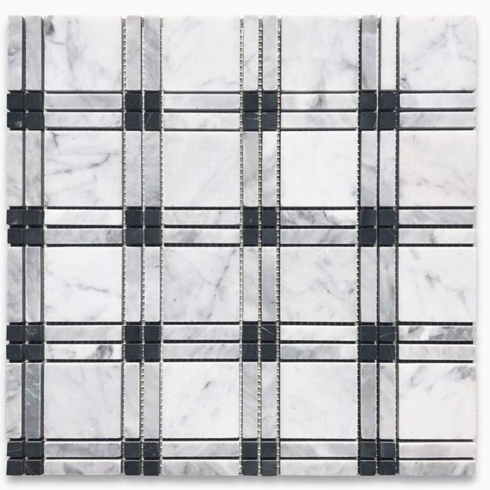Stone Center Online Carrara White Marble Plaid Tartan Mosaic Tile w/Bardiglio Gray and Nero Marqu... | Amazon (US)