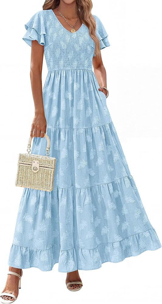 dowerme Maxi Dresses for Women 2026 Summer Ruffle Sleeve V Neck Smocked A Line Floral Boho Tiered... | Amazon (US)
