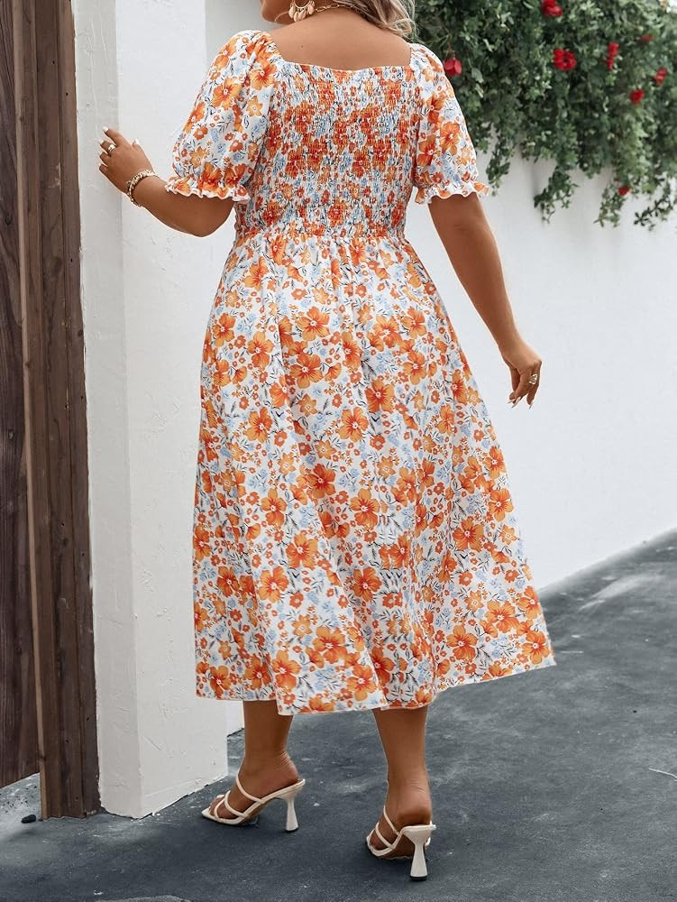 Floerns Women's Plus Size Floral Print Tie Front Square Neck Slit Hem Midi Dress | Amazon (US)