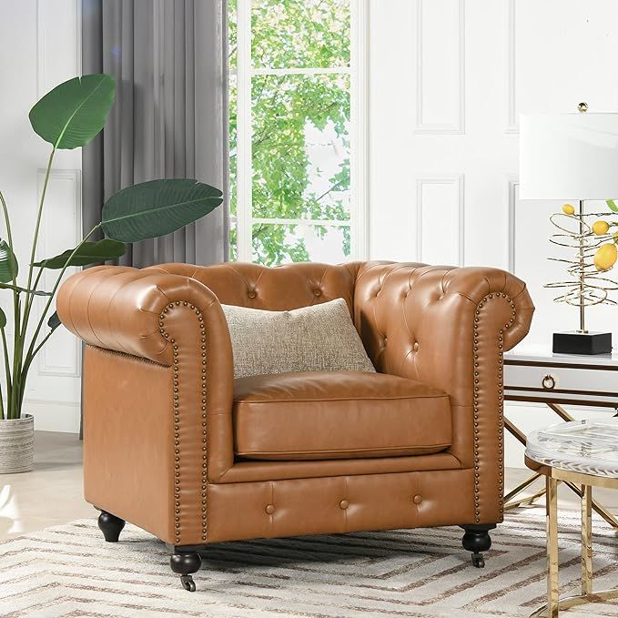 Jennifer Taylor Home Spencer 42.5" Chesterfield Accent Armchair, Caramel Tan Brown Faux Leather | Amazon (US)