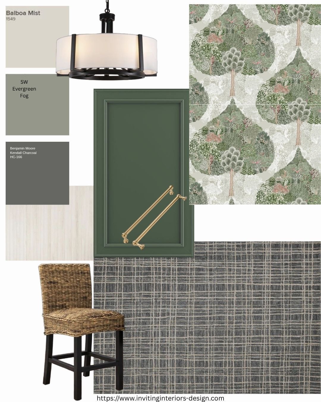 Benjamin Moore: Balboa Mist, Kendall Charcoal with an olive green.
Door colour is: Sherwin Williams Basil.

#moodbaords  #humandesigner #edesigner #colourpalette #kitchendecor #greenkitchen #wallpaper #wayfairhome #amazonhome #amazonmusthaves #invitinginteriors #designconsultations  

 #LTKhome #LTKstyletip #LTKfamily