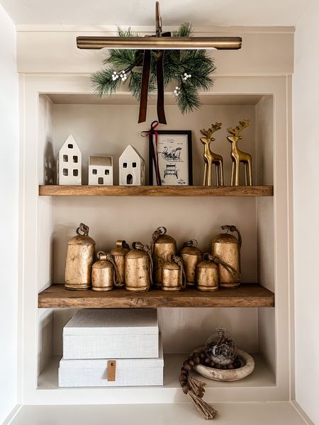 Christmas shelf styling
Built ins
Christmas bells
Jingle bells
Neutral home decor
Cozy Christmas
Target finds
Built ins 

#LTKHoliday #LTKSeasonal #LTKhome