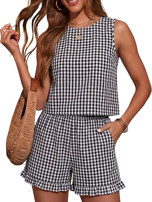 Hooever Women's Gingham Check 2 Piece Set Sleeveless Tank Top and Ruffle Hem Shorts Casual Summer... | Amazon (US)