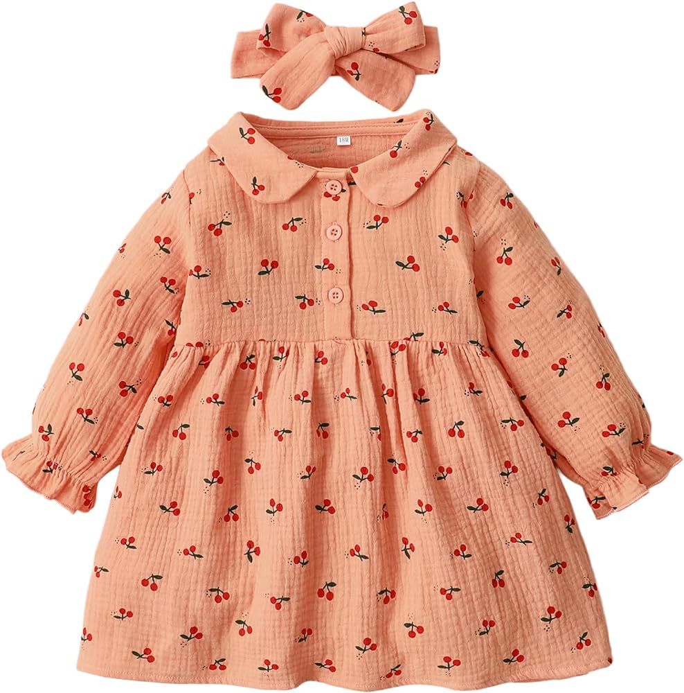 Maacie Little Baby Girl Long Sleeve Fall Dress Comfy Cotton Dress with Headband | Amazon (US)