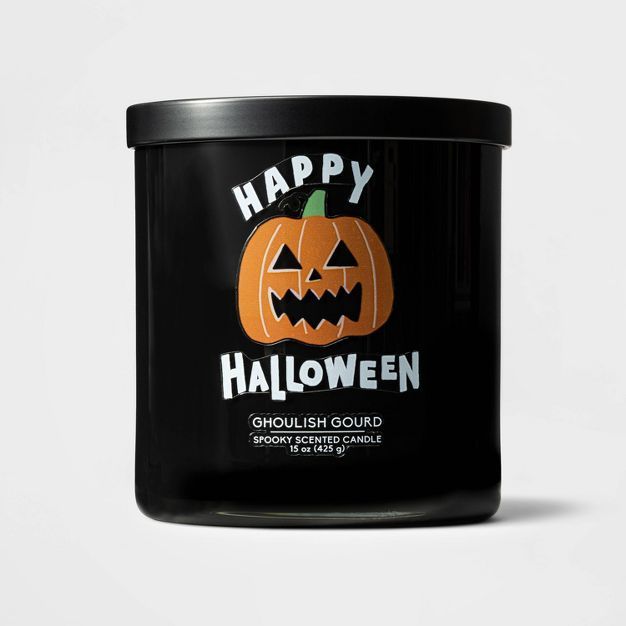 15oz 2-Wick Glass Jar Happy Halloween Ghoulish Gourd Candle Black - Hyde & EEK! Boutique™ | Target