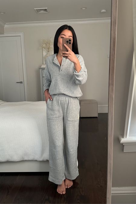 This lounge set is insanely soft and comfortable. Never want to take it off! Wish I discovered it sooner when more sizes and colors are stocked.

Pants are TTS with a wide leg fit and the top runs oversized. Pants have an intended cropped length that works well for petites as full length. 
•Madewell cozy Henley top xxs
•Madewell cozy sweatpants xxs

Note: both pieces are on sale at Madewell in other colors but nearly sold out, so I’m also linked a couple of other retailers that are more well stocked
#petite #sweatpants #lounge #pajamas #cozy #wfh

#LTKSeasonal #LTKunder50 #LTKFind