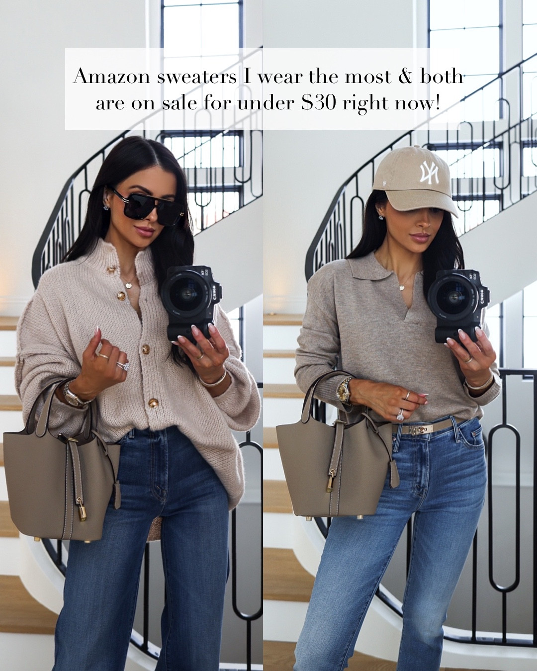 My favorite Amazon sweaters to carry you from winter to spring, both are under $40. Paired them with my favorite Amazon designer inspired handbags and mother jeans. #miamiamine