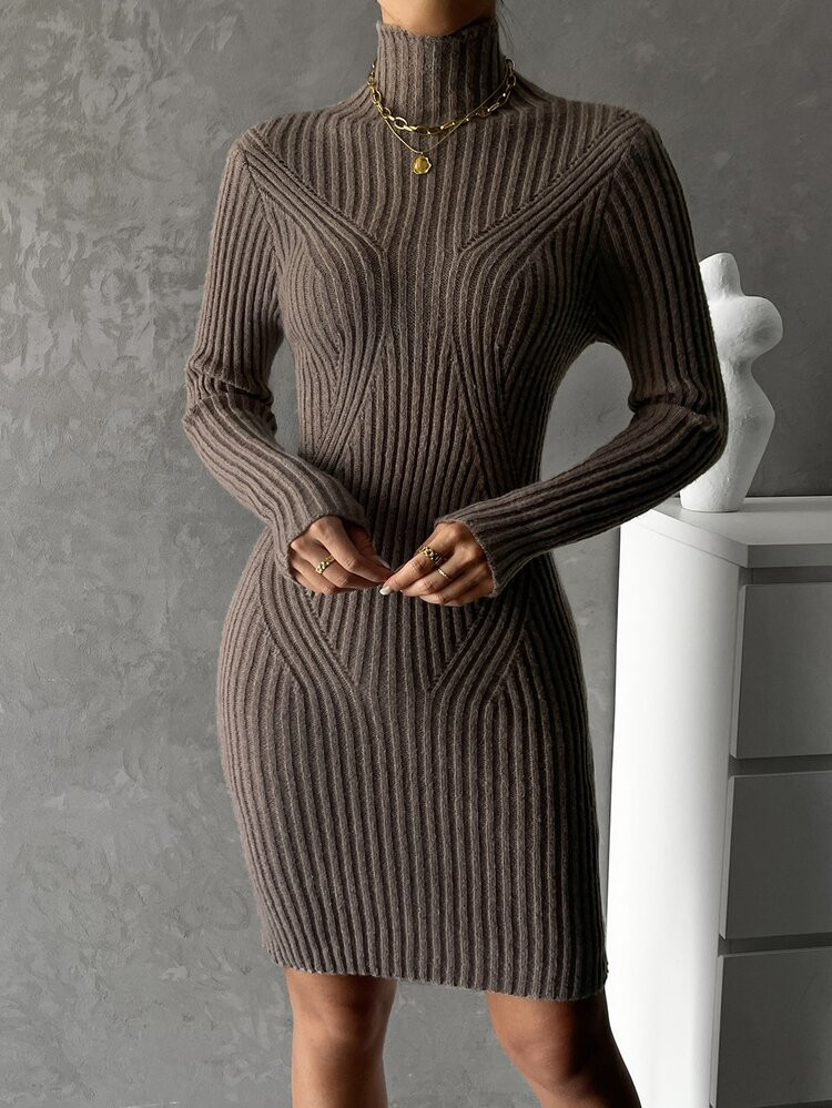 High Neck Rib-knit Sweater Dress | SHEIN