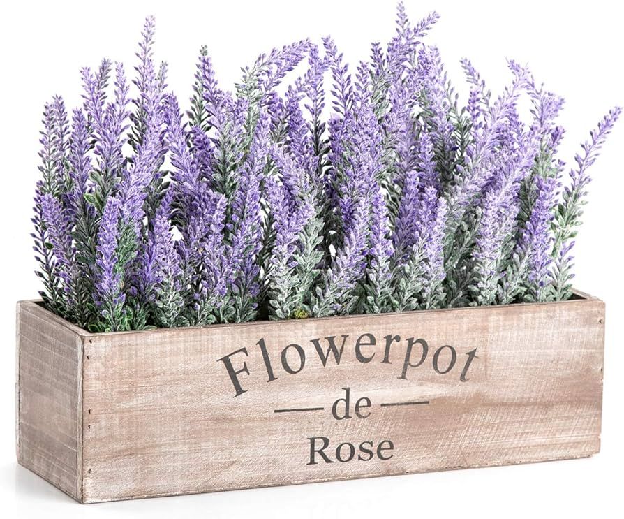Velener Fake Lavender Plant with Decorative Tray Wooden Box 14"- Spring Decorations for Home Offi... | Amazon (US)