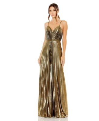 Women's Petite Metallic Pleated Wide-Leg V-Neck Jumpsuit | Macy's