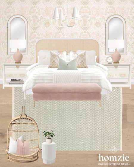 The cutest blush & green girls rooms! Perfect for a little girl or teen girl. We love the can3 bed, wall paper, and velvet end of bed bench! 

#LTKhome #LTKfamily #LTKkids
