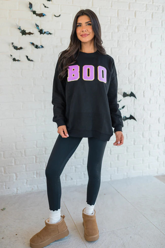 BOO Chenille Patch Black Oversized Graphic Sweatshirt FINAL SALE | Pink Lily