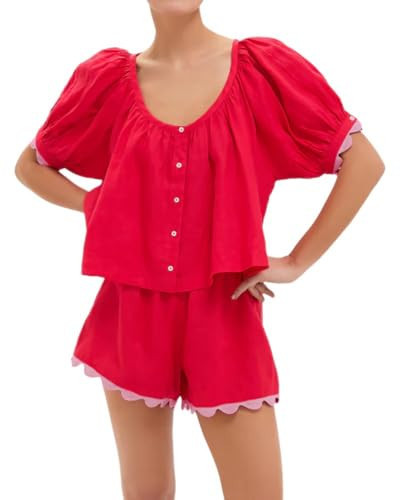 VAOYIU Women's Casual Elegance Two-Piece Linen Outfit Set with Scalloped Hem Summer Round Neck Puff Short Sleeve Top (Red-M01) | Amazon (US)