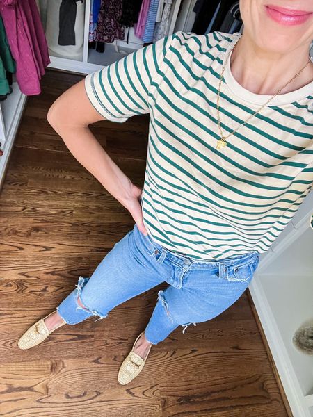 Love this Amazon t-shirt. These raffia loafers are perfect for spring too. I went down 1/2 size. Jeans are TTS but don’t have stretch so size down if you’re on the fence  

#LTKshoecrush #LTKunder100 #LTKstyletip