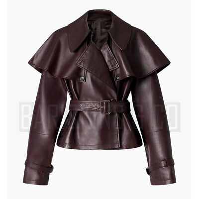 Women Leather Jacket Brown Belted Cape Trench Style Real Lambskin Designer Coat | eBay US