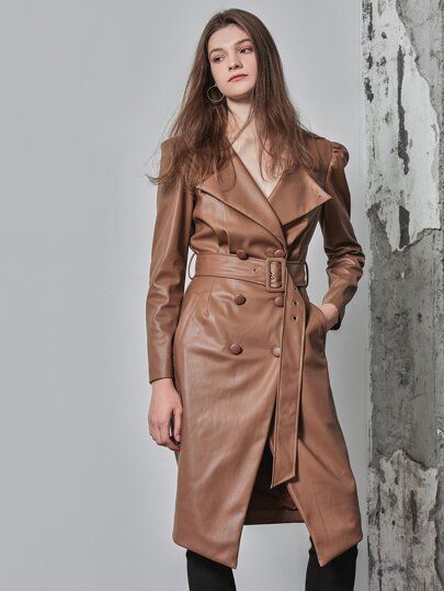 MOTF PREMIUM PU LEATHER BELTED TRENCH COAT | SHEIN